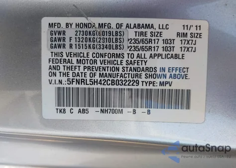 2012 Honda Odyssey Ex z USA, uszkodzony, nr VIN 5FNRL5H42CB032229
